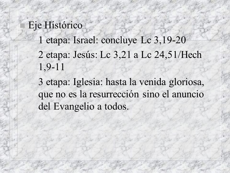 Eje Histórico 1 etapa: Israel: concluye Lc 3, etapa: Jesús: Lc 3,21 a Lc 24,51/Hech 1,9-11.