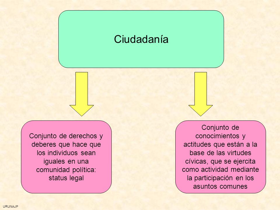 Ciudadanía Conjunto de derechos y deberes que hace que los individuos sean iguales en una comunidad política: status legal.