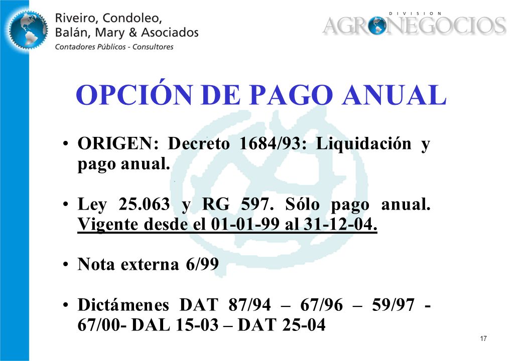 OPCIÓN DE PAGO ANUAL ORIGEN: Decreto 1684/93: Liquidación y pago anual. Ley y RG 597. Sólo pago anual. Vigente desde el al
