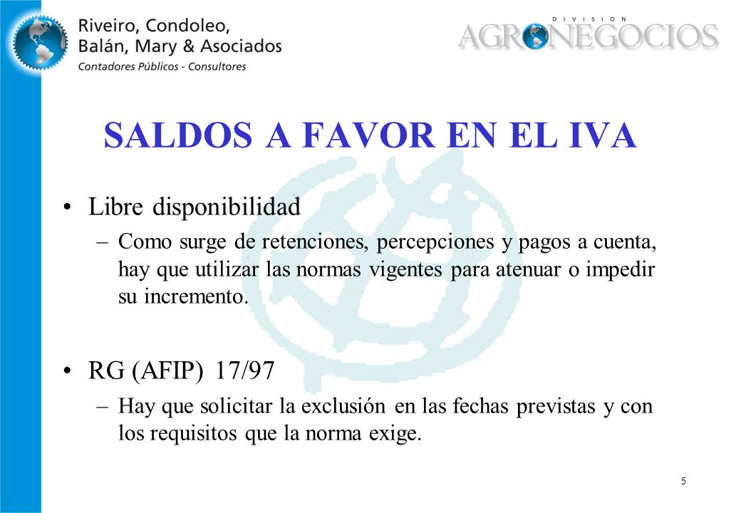SALDOS A FAVOR EN EL IVA Libre disponibilidad RG (AFIP) 17/97