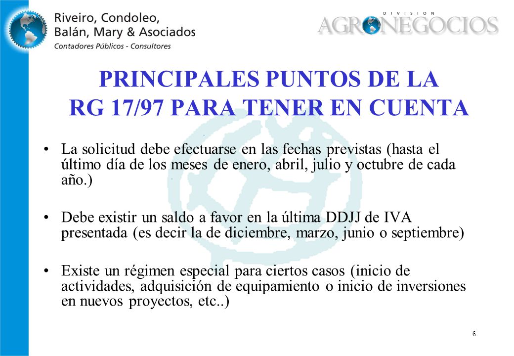 PRINCIPALES PUNTOS DE LA RG 17/97 PARA TENER EN CUENTA