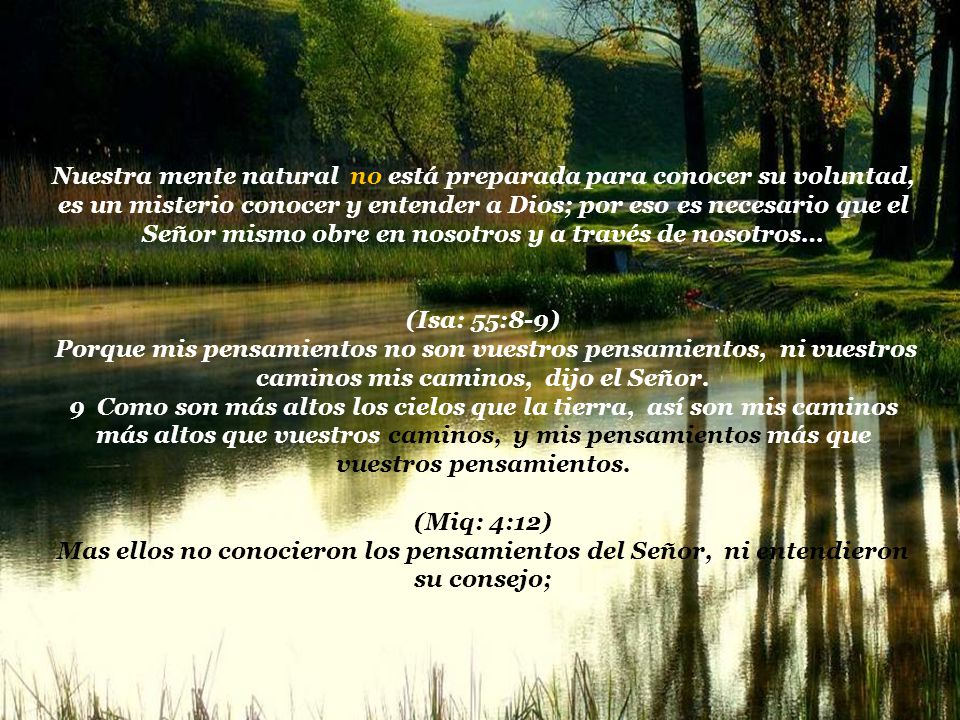 Nuestra mente natural no está preparada para conocer su voluntad, es un misterio conocer y entender a Dios; por eso es necesario que el Señor mismo obre en nosotros y a través de nosotros…