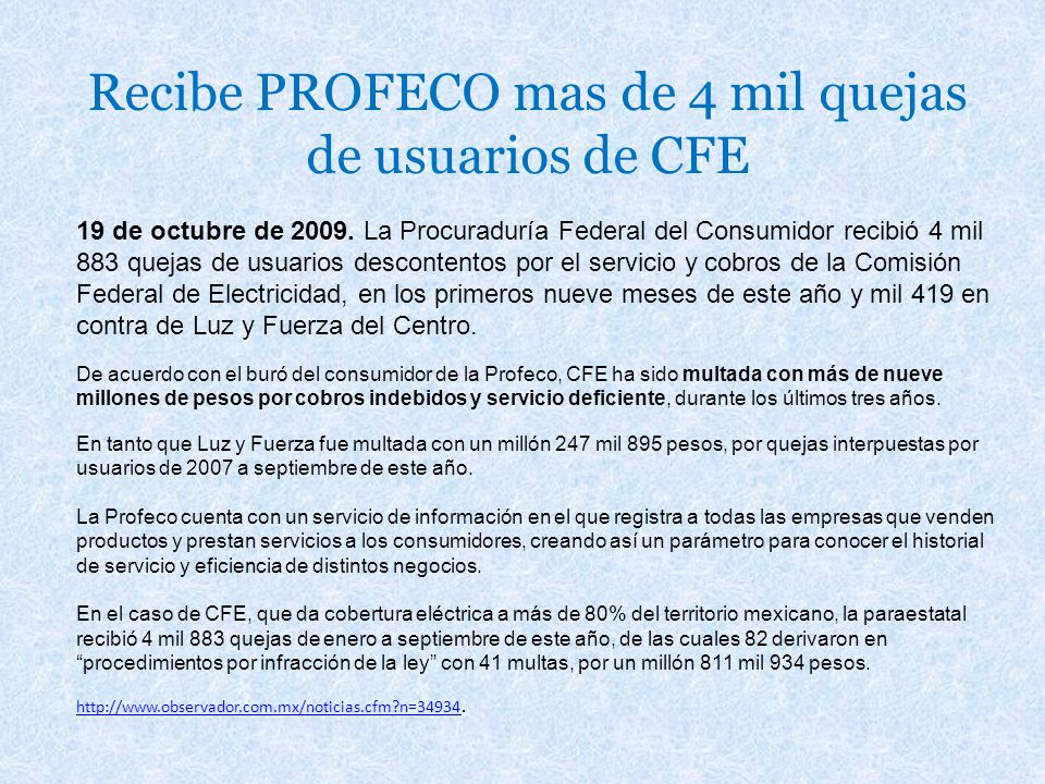 Recibe PROFECO mas de 4 mil quejas de usuarios de CFE