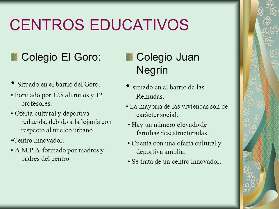 CENTROS EDUCATIVOS Colegio El Goro: • Situado en el barrio del Goro.