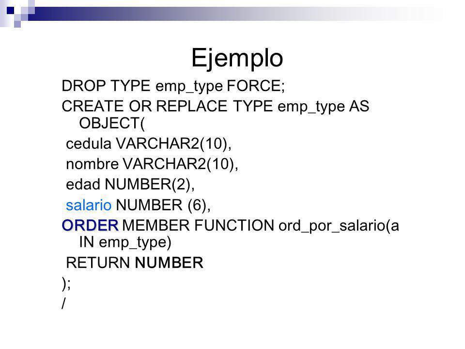 Ejemplo DROP TYPE emp_type FORCE;