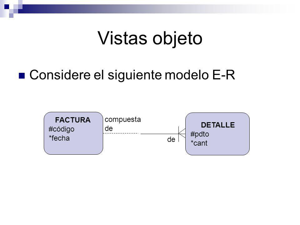 Vistas objeto Considere el siguiente modelo E-R FACTURA compuesta de