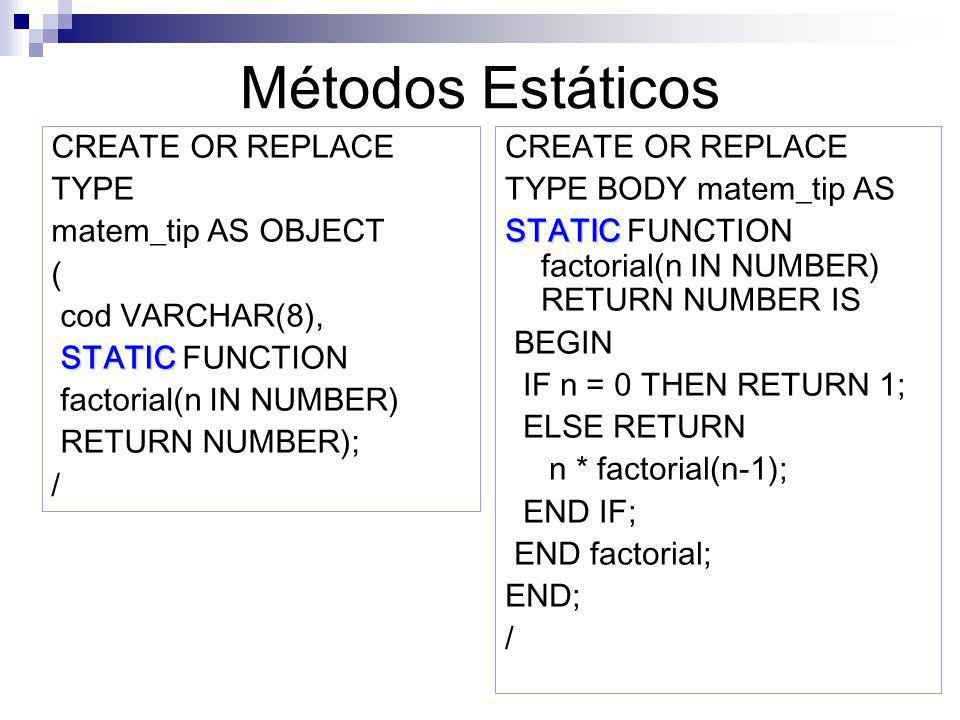 Métodos Estáticos CREATE OR REPLACE TYPE matem_tip AS OBJECT (