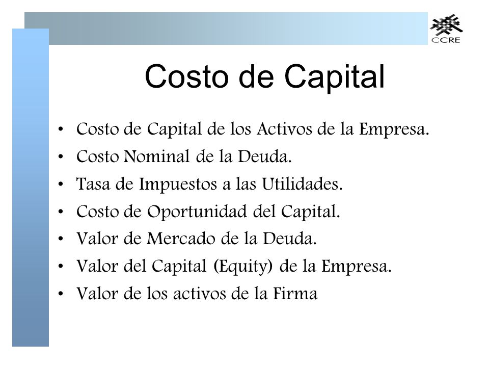 Costo de Capital Costo de Capital de los Activos de la Empresa.