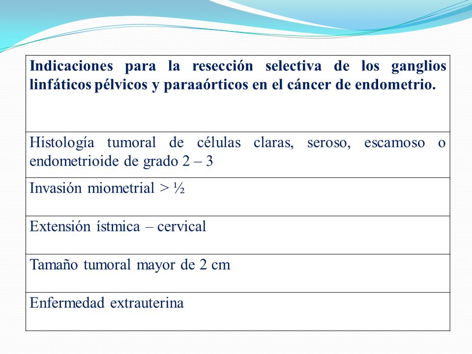 Indicaciones para la resección selectiva de los ganglios linfáticos pélvicos y paraaórticos en el cáncer de endometrio.
