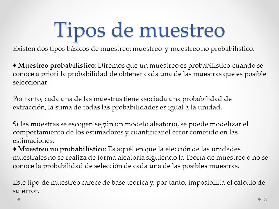 Tipos de muestreo Existen dos tipos básicos de muestreo: muestreo y muestreo no probabilístico.