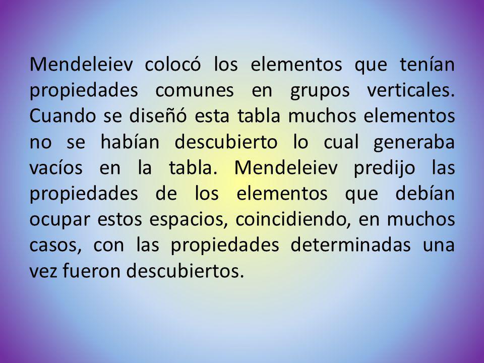 Mendeleiev colocó los elementos que tenían propiedades comunes en grupos verticales.