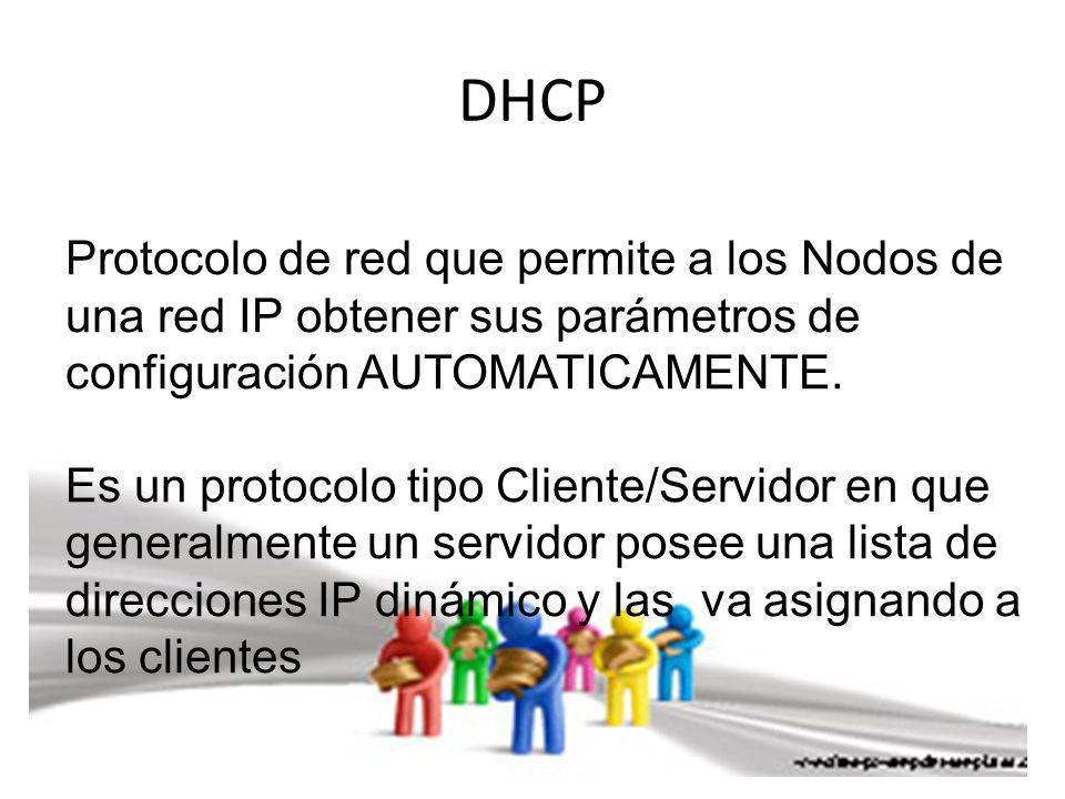 DHCP Protocolo de red que permite a los Nodos de una red IP obtener sus parámetros de configuración AUTOMATICAMENTE.