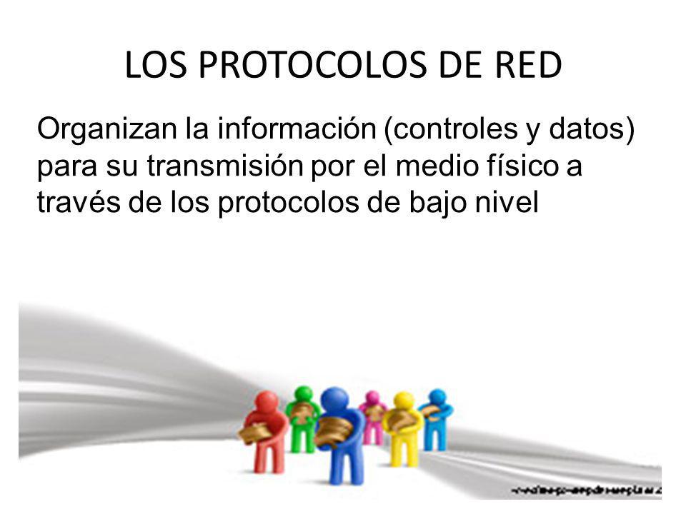 LOS PROTOCOLOS DE RED Organizan la información (controles y datos) para su transmisión por el medio físico a través de los protocolos de bajo nivel.