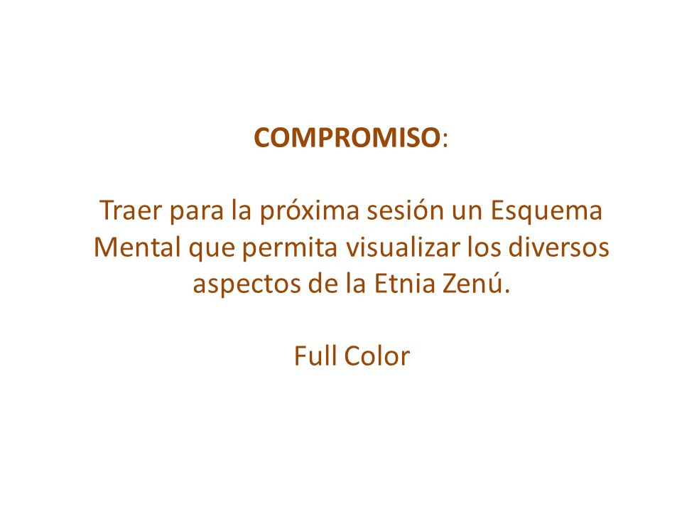 COMPROMISO: Traer para la próxima sesión un Esquema Mental que permita visualizar los diversos aspectos de la Etnia Zenú.