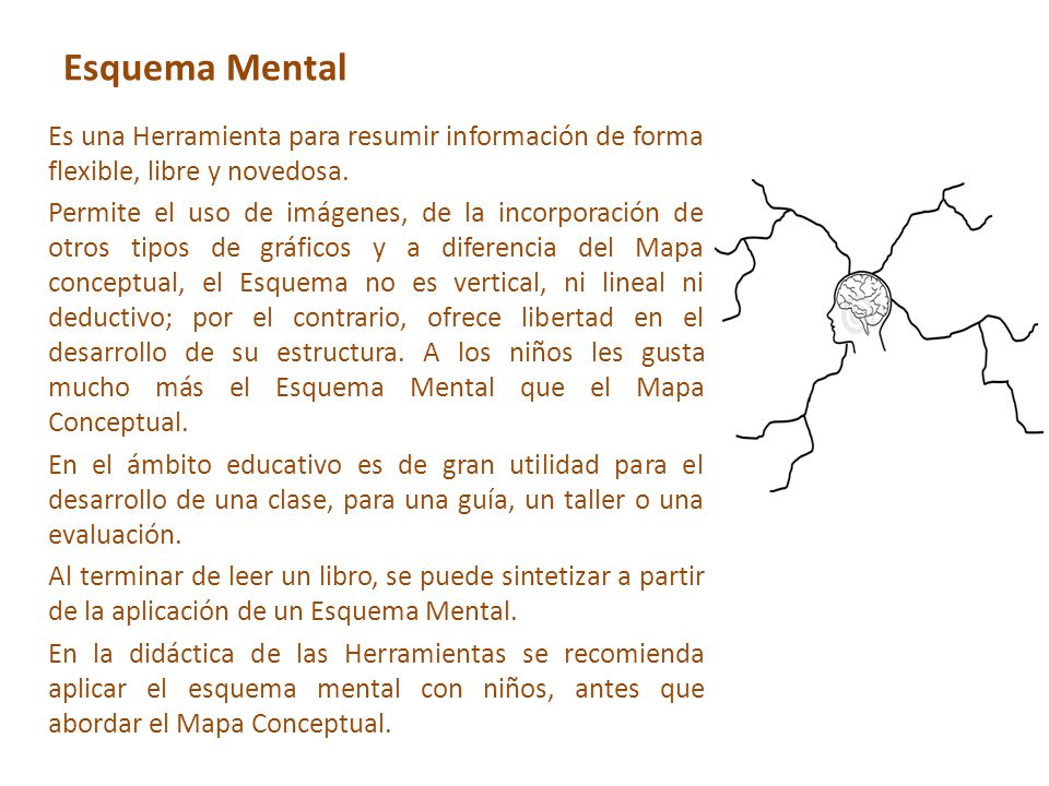 Esquema Mental Es una Herramienta para resumir información de forma flexible, libre y novedosa.