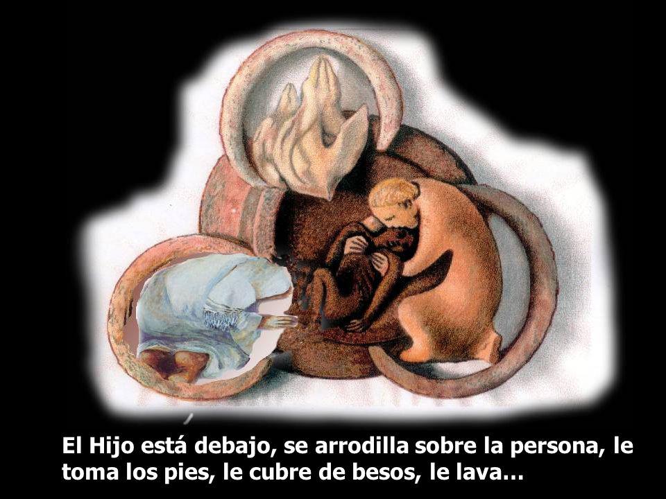 El Hijo está debajo, se arrodilla sobre la persona, le toma los pies, le cubre de besos, le lava…