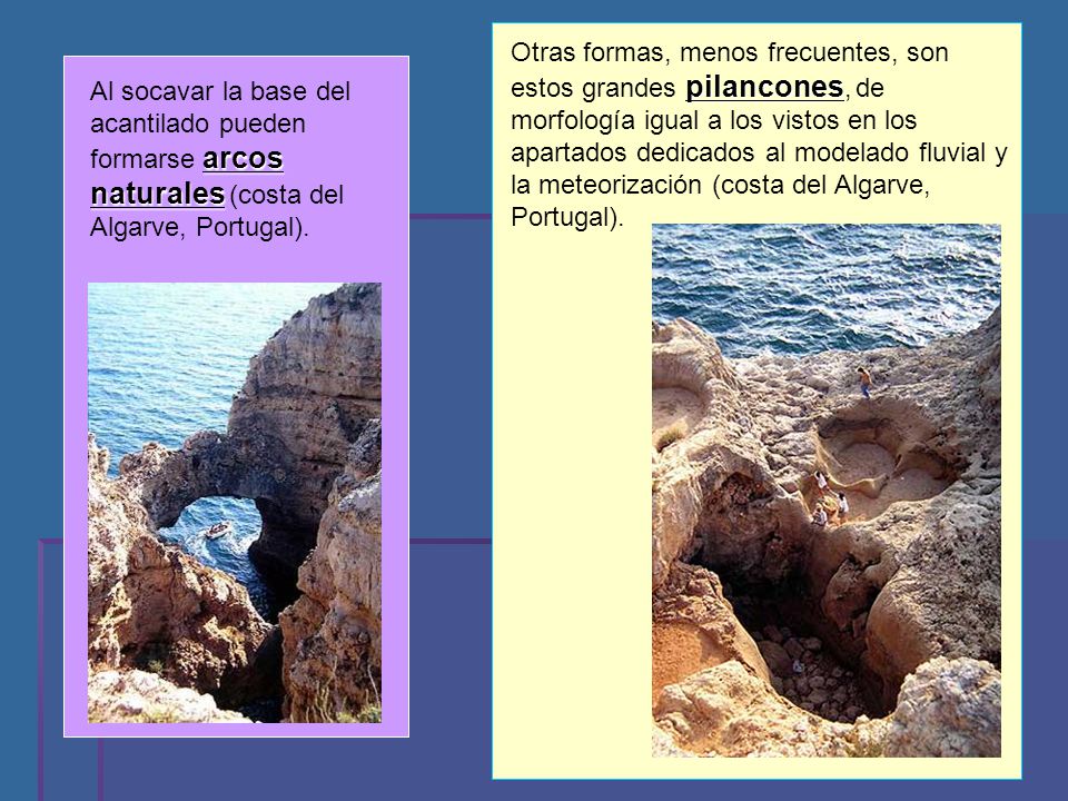 Otras formas, menos frecuentes, son estos grandes pilancones, de morfología igual a los vistos en los apartados dedicados al modelado fluvial y la meteorización (costa del Algarve, Portugal).