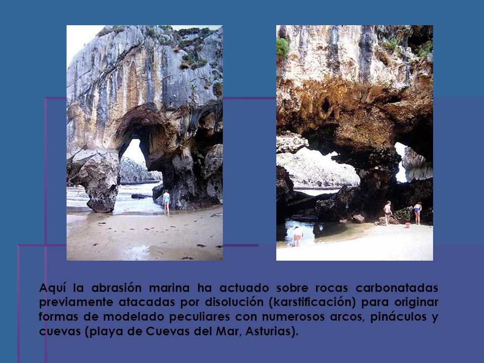 Aquí la abrasión marina ha actuado sobre rocas carbonatadas previamente atacadas por disolución (karstificación) para originar formas de modelado peculiares con numerosos arcos, pináculos y cuevas (playa de Cuevas del Mar, Asturias).