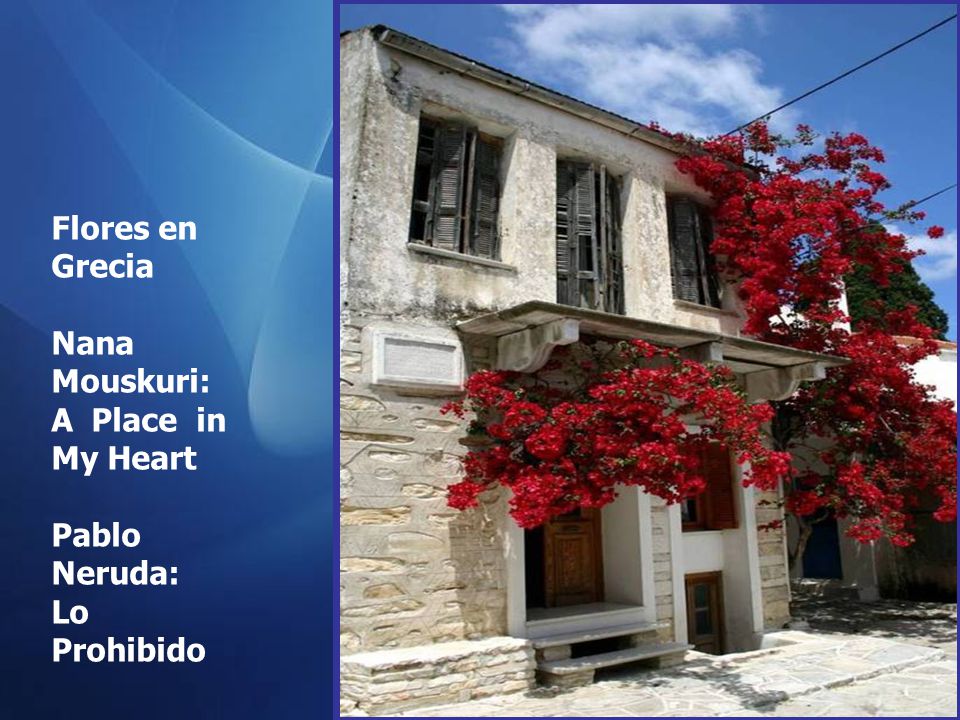 Flores en Grecia Nana Mouskuri: A Place in My Heart Pablo Neruda: Lo Prohibido