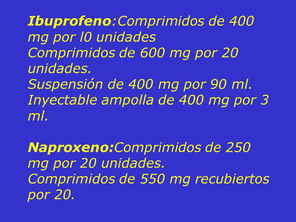 Ibuprofeno:Comprimidos de 400 mg por l0 unidades Comprimidos de 600 mg por 20 unidades.
