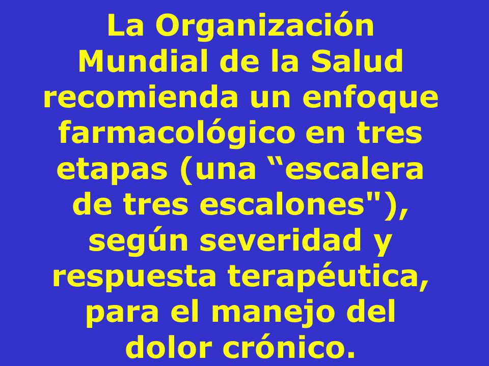 La Organización Mundial de la Salud recomienda un enfoque farmacológico en tres etapas (una escalera de tres escalones ), según severidad y respuesta terapéutica, para el manejo del dolor crónico.