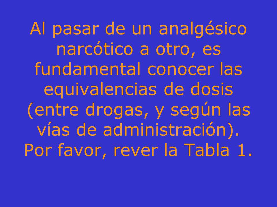 Al pasar de un analgésico narcótico a otro, es fundamental conocer las equivalencias de dosis (entre drogas, y según las vías de administración).
