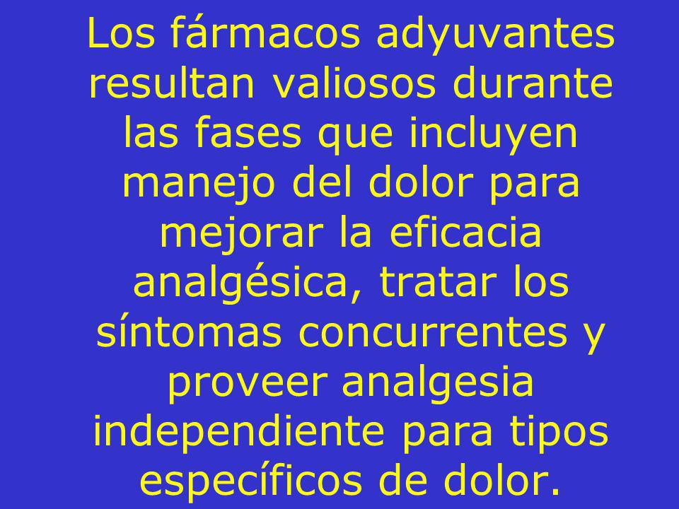 Los fármacos adyuvantes resultan valiosos durante las fases que incluyen manejo del dolor para mejorar la eficacia analgésica, tratar los síntomas concurrentes y proveer analgesia independiente para tipos específicos de dolor.