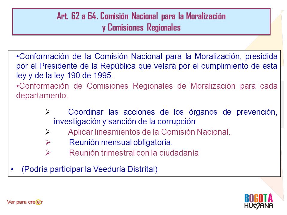 Art. 62 a 64. Comisión Nacional para la Moralización