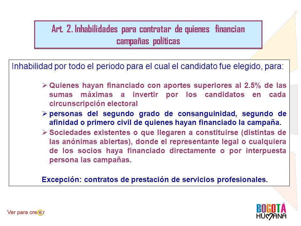 Art. 2. Inhabilidades para contratar de quienes financian campañas políticas
