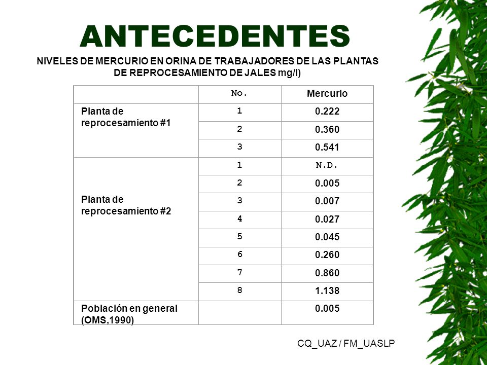 ANTECEDENTES NIVELES DE MERCURIO EN ORINA DE TRABAJADORES DE LAS PLANTAS DE REPROCESAMIENTO DE JALES mg/l)