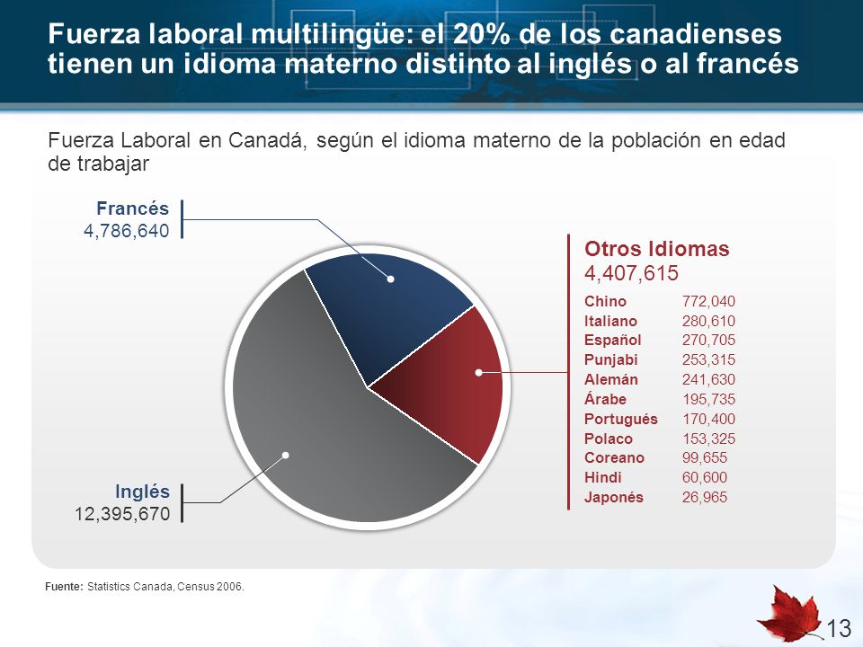 Fuerza laboral multilingüe: el 20% de los canadienses tienen un idioma materno distinto al inglés o al francés