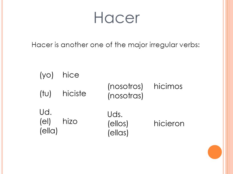 Hacer is another one of the major irregular verbs: