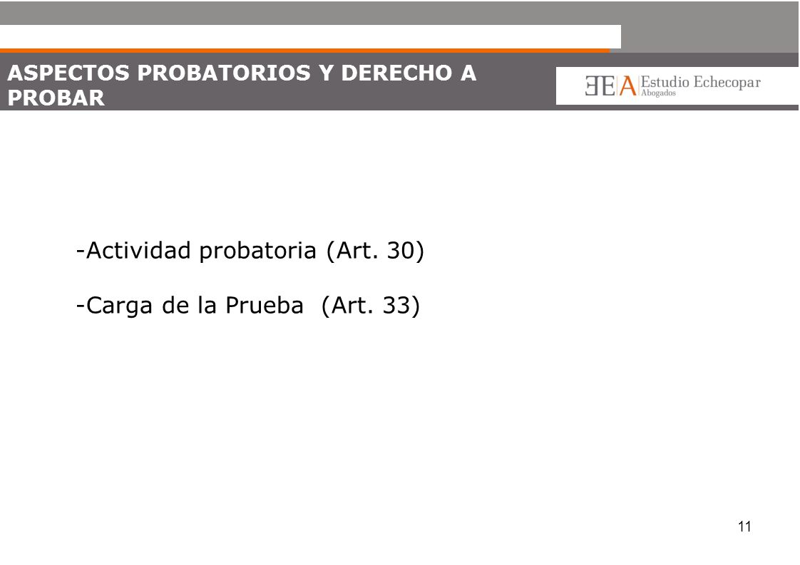 Actividad probatoria (Art. 30) Carga de la Prueba (Art. 33)