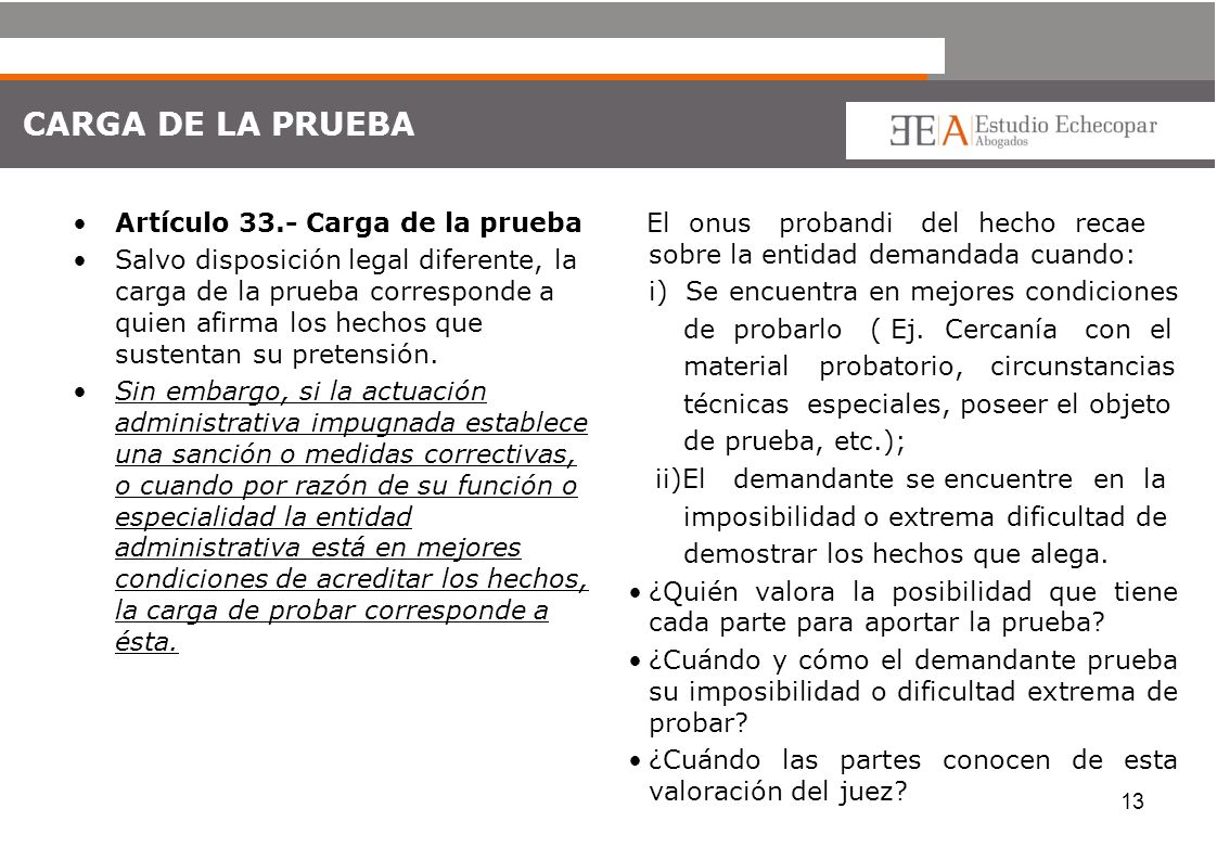CARGA DE LA PRUEBA Artículo 33.- Carga de la prueba