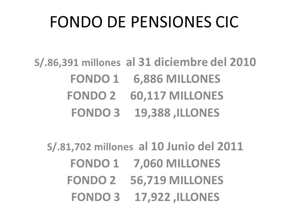FONDO DE PENSIONES CIC FONDO 1 6,886 MILLONES FONDO 2 60,117 MILLONES