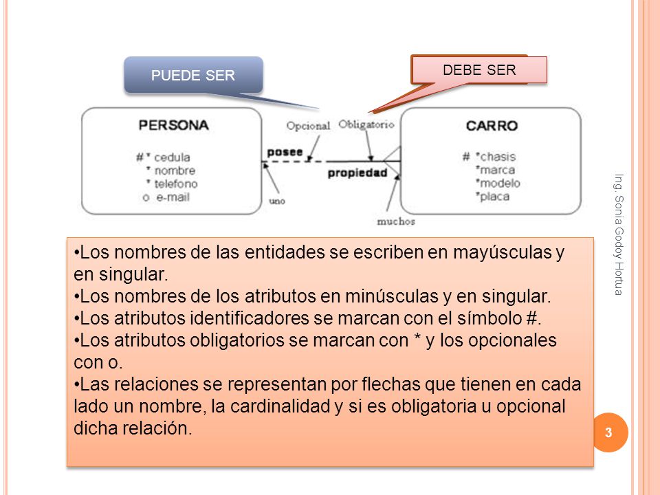 Los nombres de las entidades se escriben en mayúsculas y en singular.