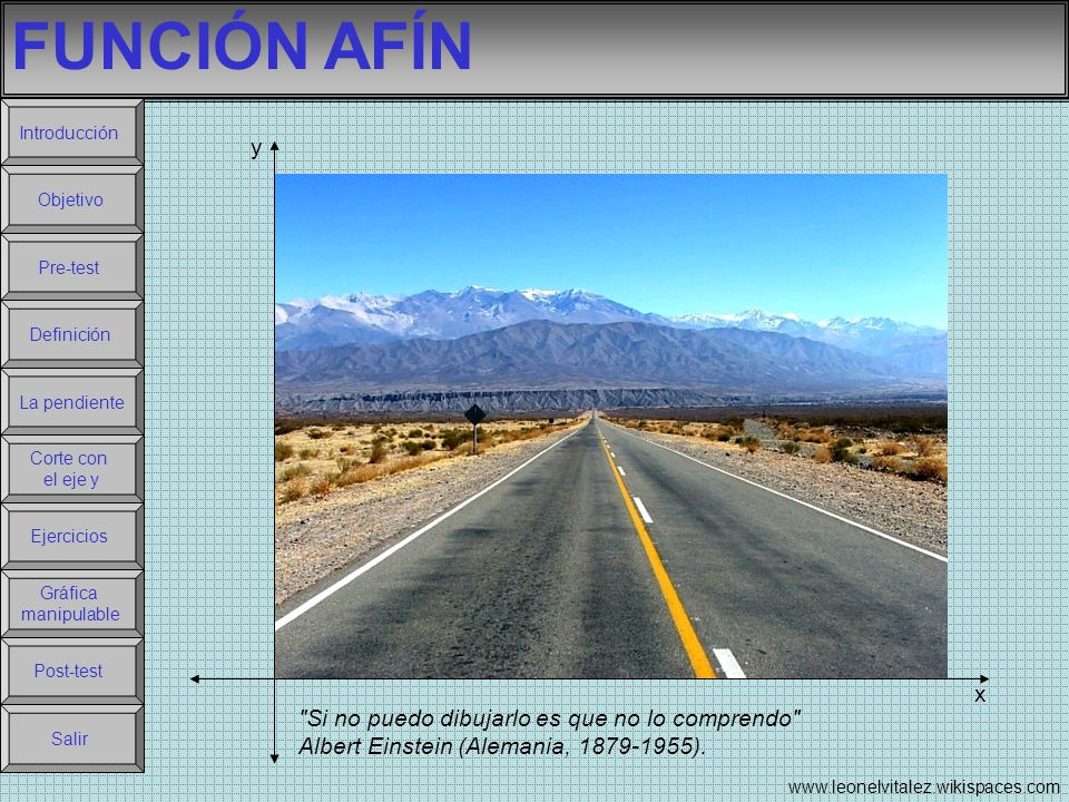 FUNCIÓN AFÍN Introducción. y. Objetivo. Pre-test. Definición. La pendiente. Corte con. el eje y.