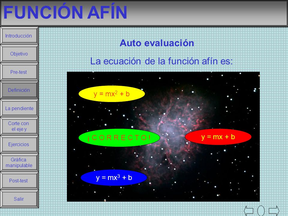 FUNCIÓN AFÍN Auto evaluación La ecuación de la función afín es: