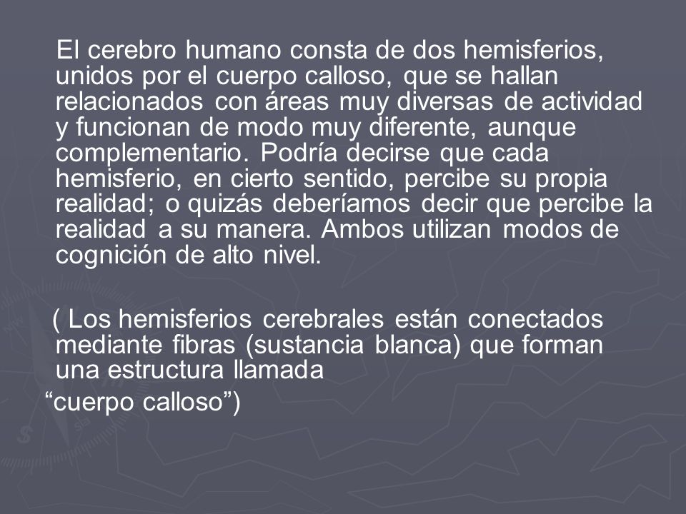 El cerebro humano consta de dos hemisferios, unidos por el cuerpo calloso, que se hallan relacionados con áreas muy diversas de actividad y funcionan de modo muy diferente, aunque complementario. Podría decirse que cada hemisferio, en cierto sentido, percibe su propia realidad; o quizás deberíamos decir que percibe la realidad a su manera. Ambos utilizan modos de cognición de alto nivel.
