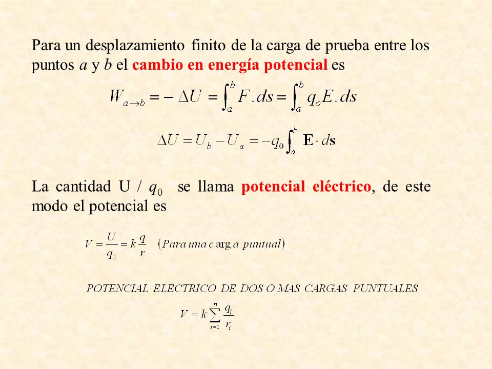 Para un desplazamiento finito de la carga de prueba entre los puntos a y b el cambio en energía potencial es