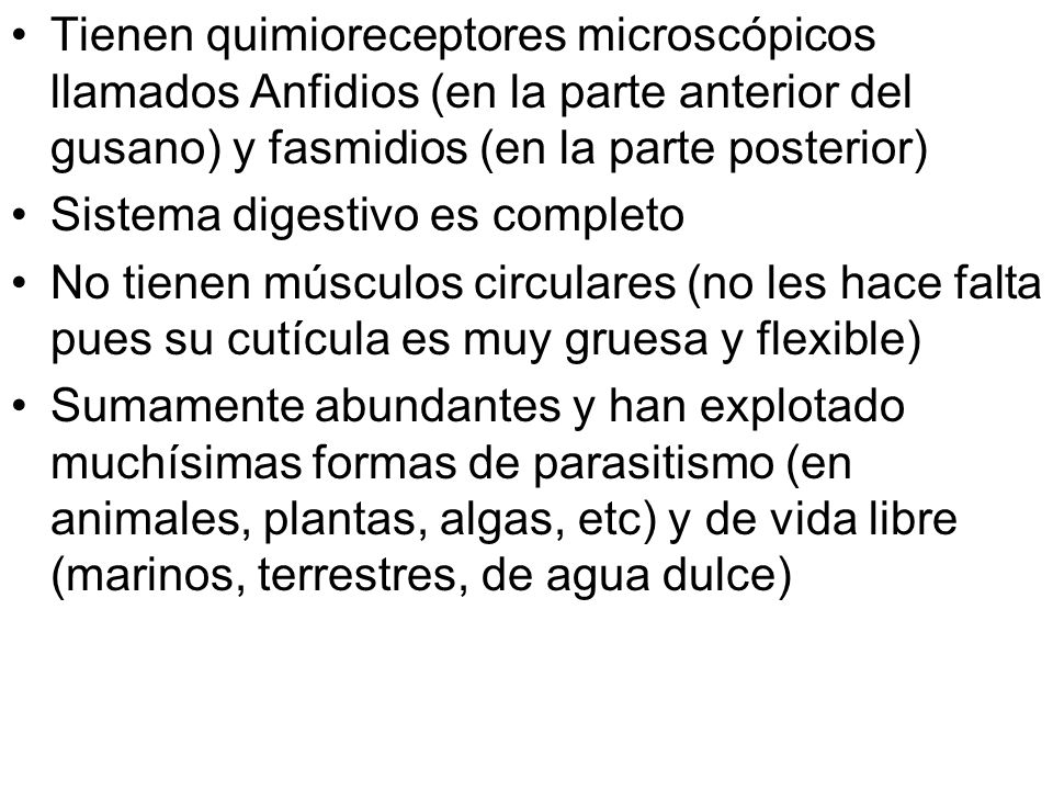 Tienen quimioreceptores microscópicos llamados Anfidios (en la parte anterior del gusano) y fasmidios (en la parte posterior)