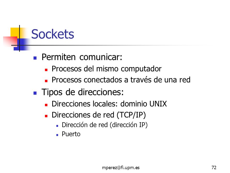 Sockets Permiten comunicar: Tipos de direcciones: