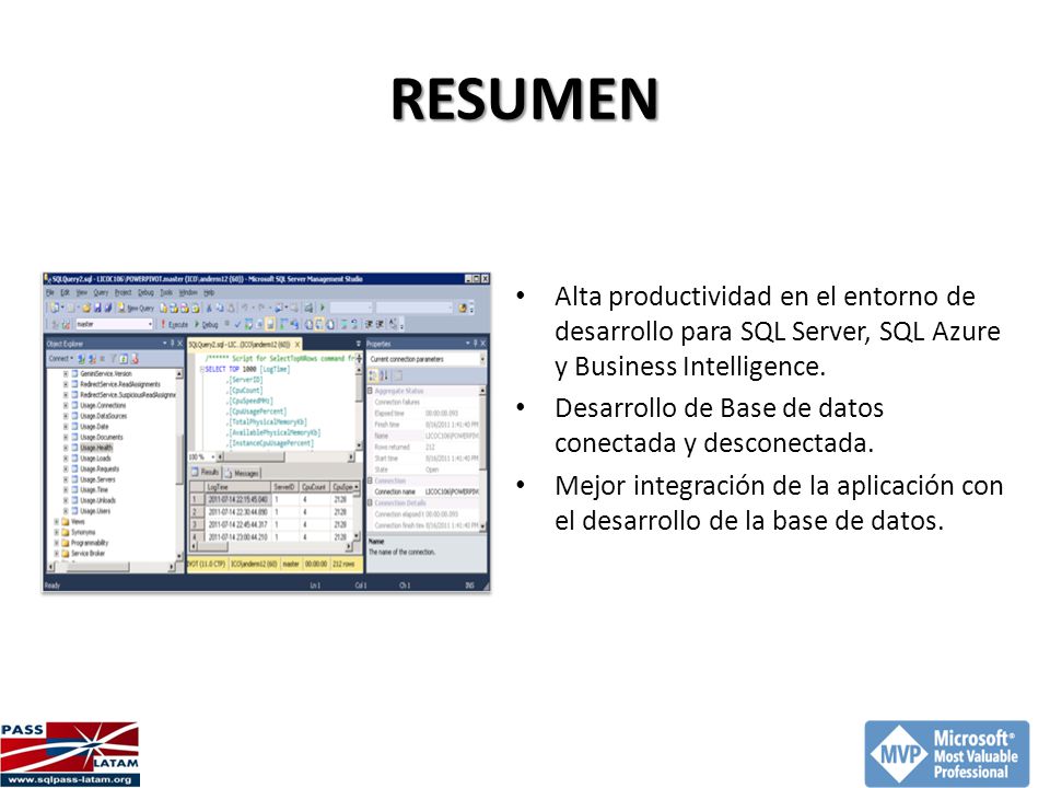 RESUMEN Alta productividad en el entorno de desarrollo para SQL Server, SQL Azure y Business Intelligence.
