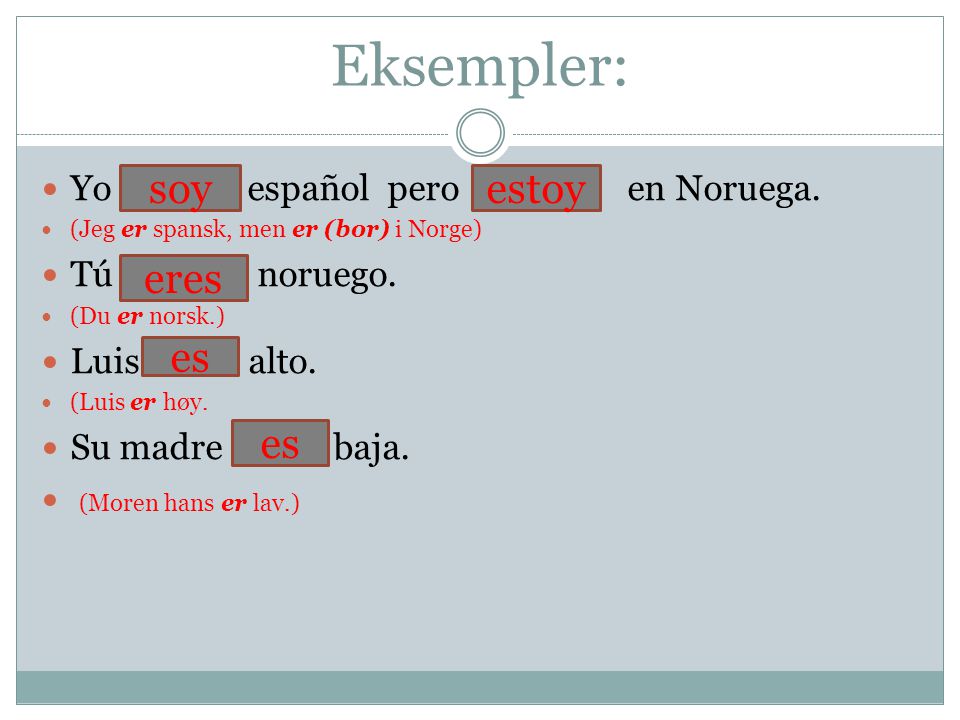 Eksempler: soy estoy eres es es Yo ser español pero estar en Noruega.