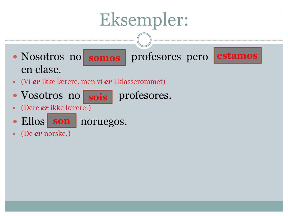 Eksempler: Nosotros no ser profesores pero estar en clase.