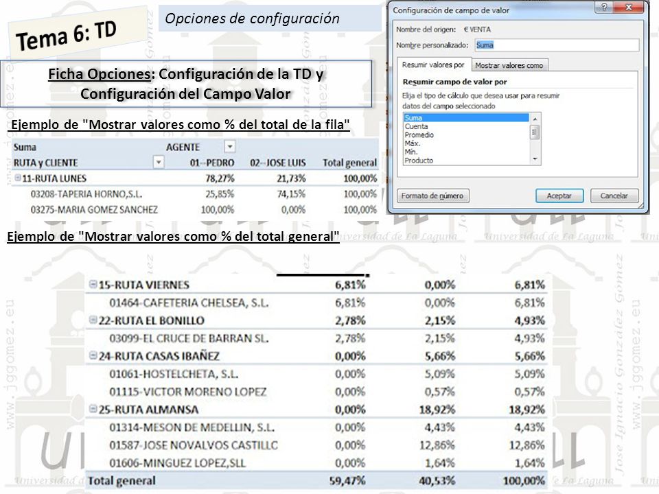 Ficha Opciones: Configuración de la TD y Configuración del Campo Valor