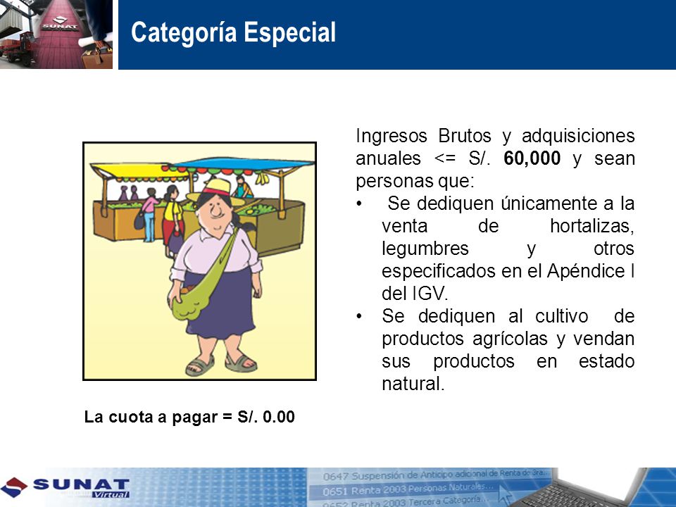 Categoría Especial Ingresos Brutos y adquisiciones anuales <= S/. 60,000 y sean personas que: