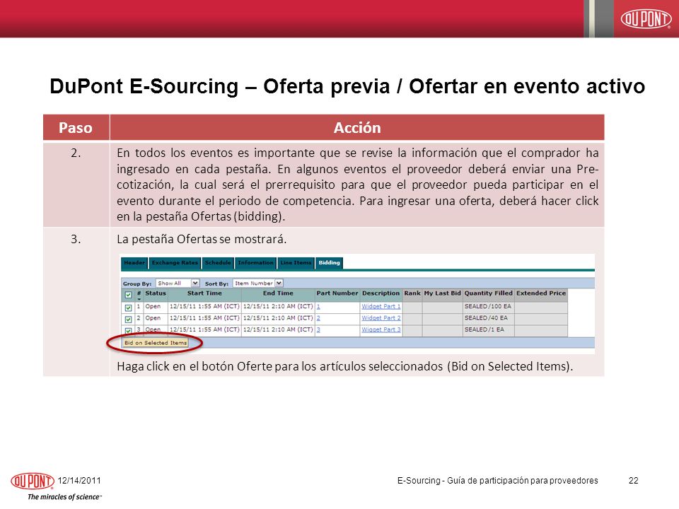 DuPont E-Sourcing – Oferta previa / Ofertar en evento activo