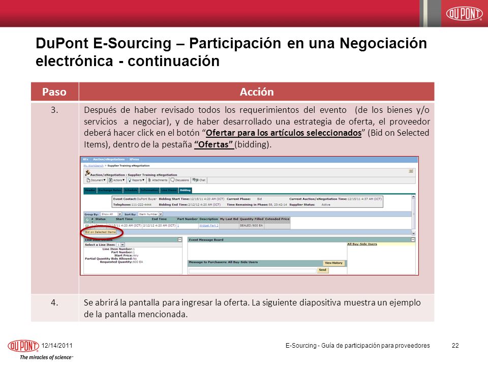 DuPont E-Sourcing – Participación en una Negociación electrónica - continuación