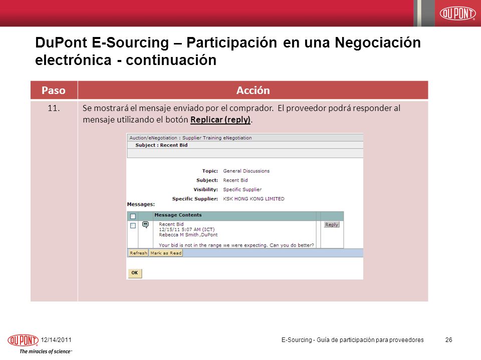 DuPont E-Sourcing – Participación en una Negociación electrónica - continuación